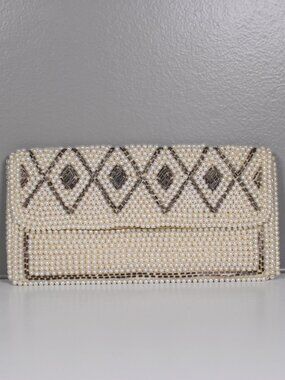 Vintage Beaded Pearl Clutch Evening Bag Diamond Geometric Pattern Cream Gold